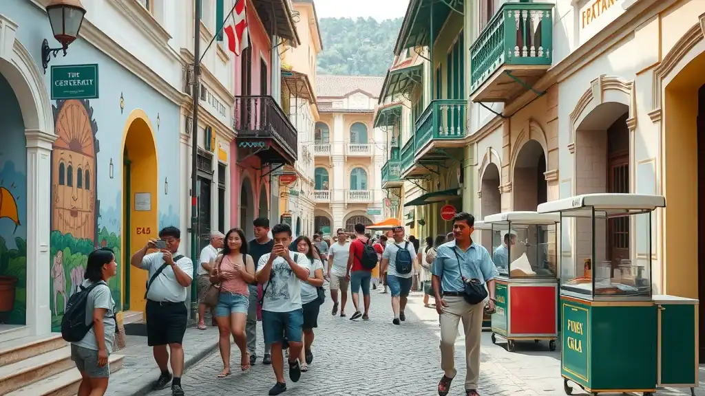 Charming colonial heritage street in George Town, Penang with vibrant murals, lively travelers, street food vendors, pastel colors, morning sun, photorealistic
