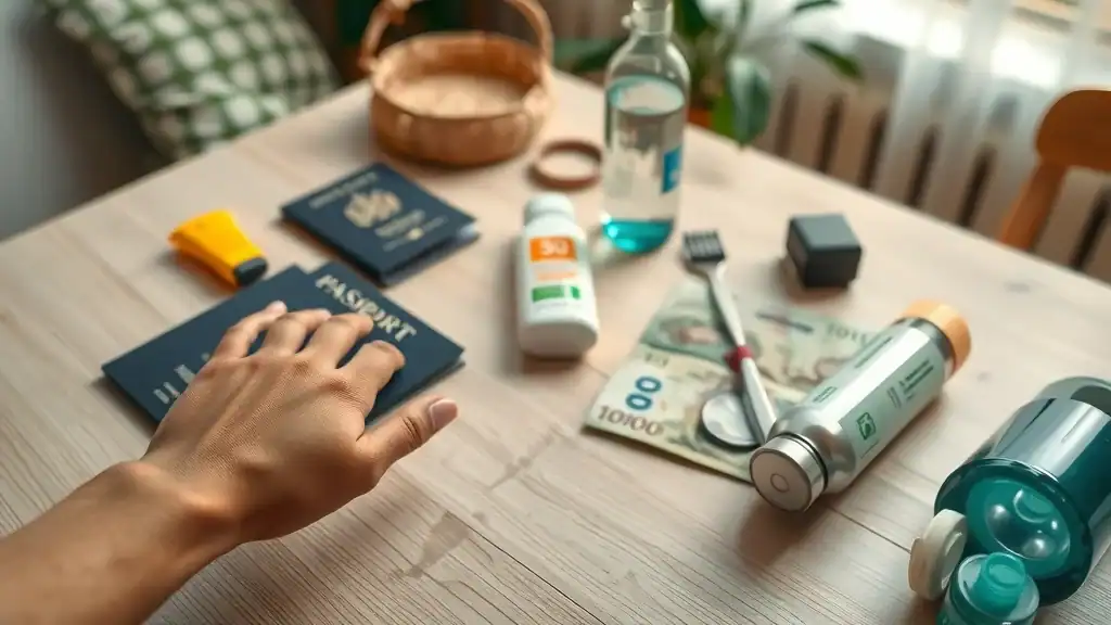 Thailand trip essentials laid out: passport, sunscreen, insect repellent, reusable water bottle, Thai currency for the perfect packing list