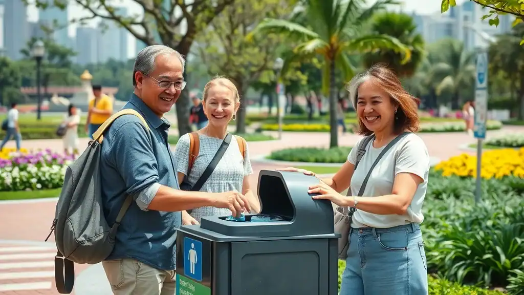 Mature travelers properly disposing litter in a spotless Singapore park, illustrating singapore travel tips for etiquette and cleanliness
