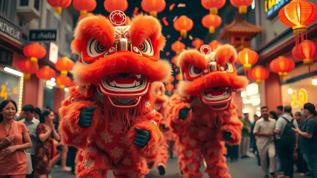 Chinese New Year cultural experience Malaysia - vibrant lion dance with festive crowd
