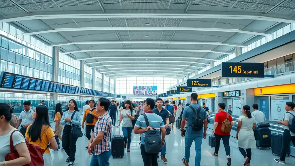 Bustling Southeast Asian airport terminal with diverse travelers viewing digital departure boards signifying major flight hubs for cheap flights Southeast Asia.