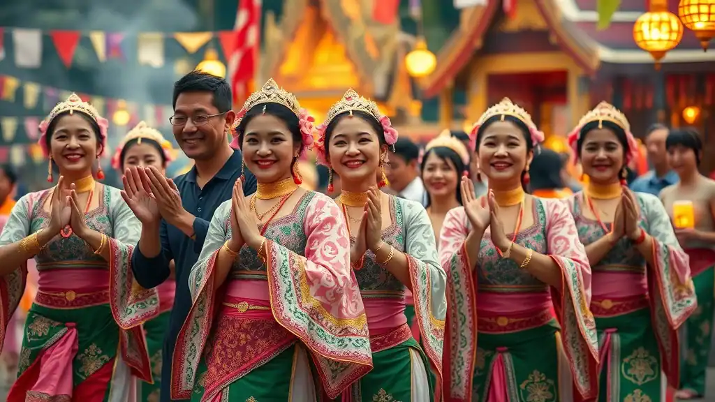 Best festival season in Thailand - mature travelers in awe of local dancers performing traditional routines in temple grounds decorated for celebration