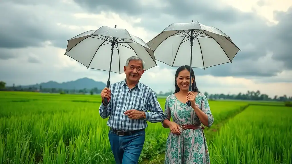Thailand travel planning: Older couple exploring lush Thai countryside with umbrellas during rainy season and dramatic skies