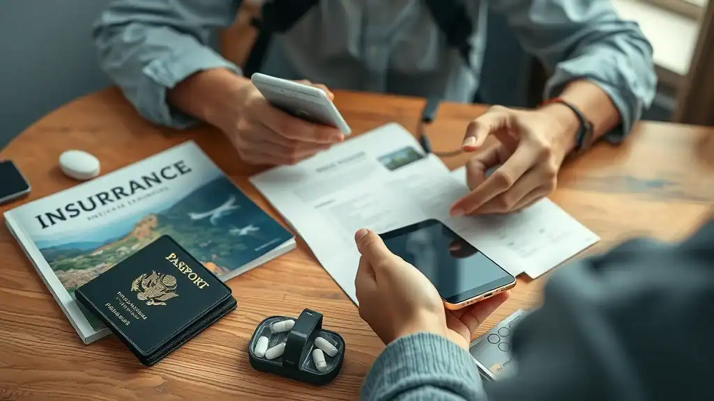 Organized traveler double-checking essentials and travel insurance for southeast asia trip on tidy wooden table