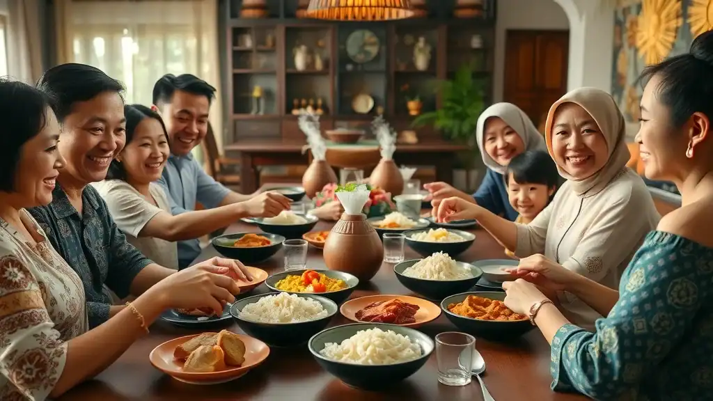 Traditional Malaysian family sharing Nasi Lemak and Malaysia food and cuisine at home with ethnic decor and joyful atmosphere
