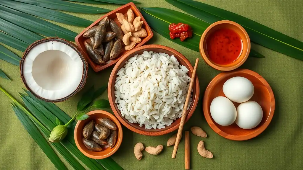 Ingredients for Nasi Lemak, Malaysia food and cuisine: coconut, pandan leaves, rice, anchovies, eggs, peanuts, sambal