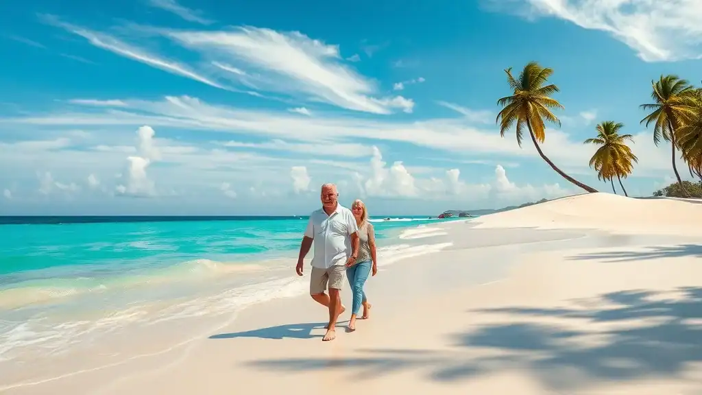 Perfect weather in Southeast Asia - mature couple enjoying an idyllic tropical beach in southern Thailand or Philippines with turquoise waters and palm trees under blue skies during dry season