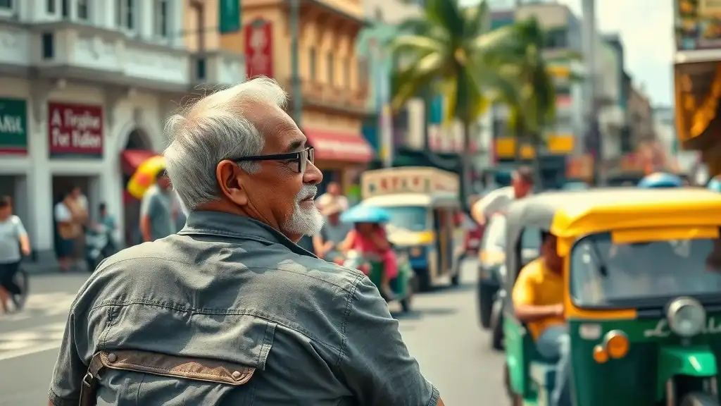Vibrant Southeast Asian city street—relaxed older travelers observing bus and tuk-tuks, bustling urban environment with colonial and modern buildings, traffic movement, food vendors, and rich daylight colors; best southeast asia transportation options for seniors