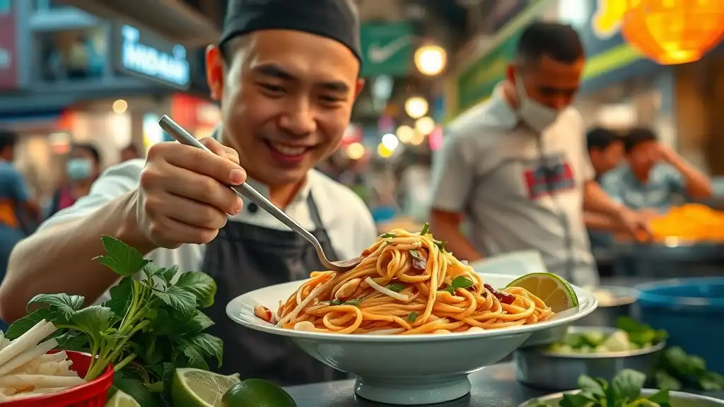 Steaming plate of pad thai, chef plating noodles at a street food stall in Bangkok