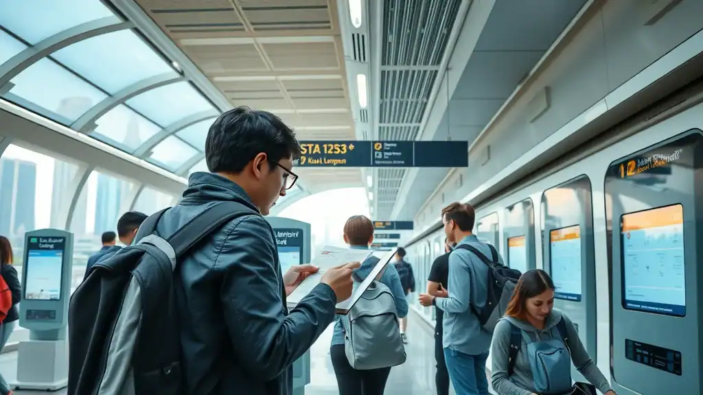 kuala lumpur modern train station malaysia travel tips travelers using public transit city skyline digital kiosks