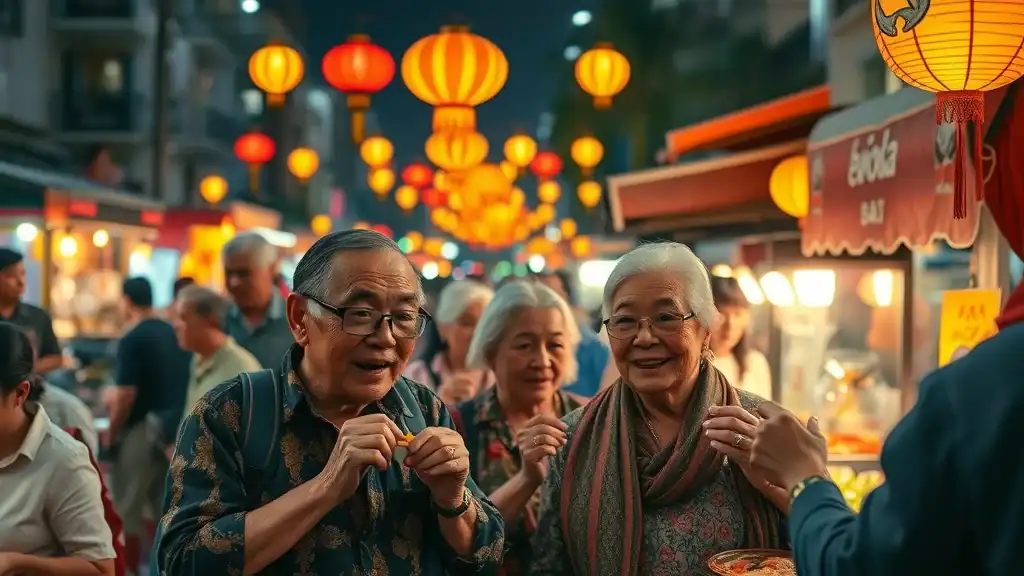Busiest night market during dry season in Southeast Asia - retirees sampling lantern-lit street food with crowds and festive atmosphere under warm ambient light