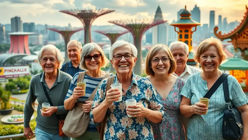 Montage of mature travelers enjoying Gardens by the Bay, hawker stalls, and heritage streets – essential elements of singapore travel tips for the 50 plus explorer