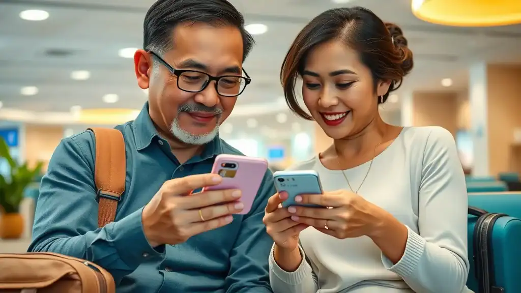 Senior couple activating local SIM card for southeast asia travel - travel hacks digital essentials photorealistic