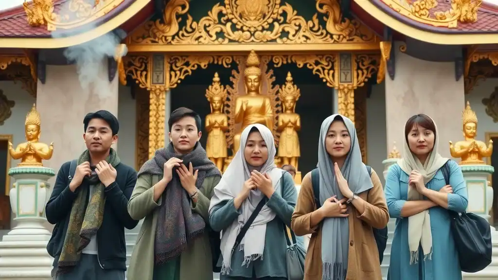 Travelers at Southeast Asian temple entrance, wearing modest clothing, respectful gestures, dress modestly, religious site