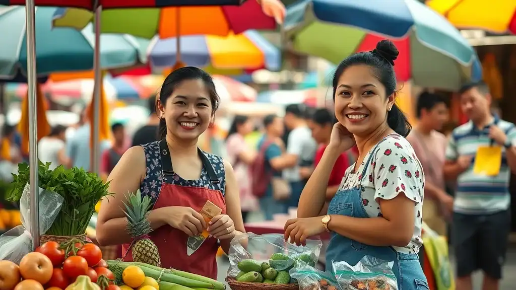 Vibrant Thai market scene with joyful Thai vendors offering fresh produce and street food in a bustling outdoor market. Thailand travel tips visualized.