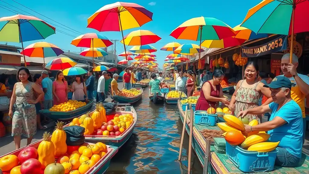Iconic Damnoen Saduak Floating Market with bustling crowds, colorful boats, and vibrant umbrellas under a bright blue sky.