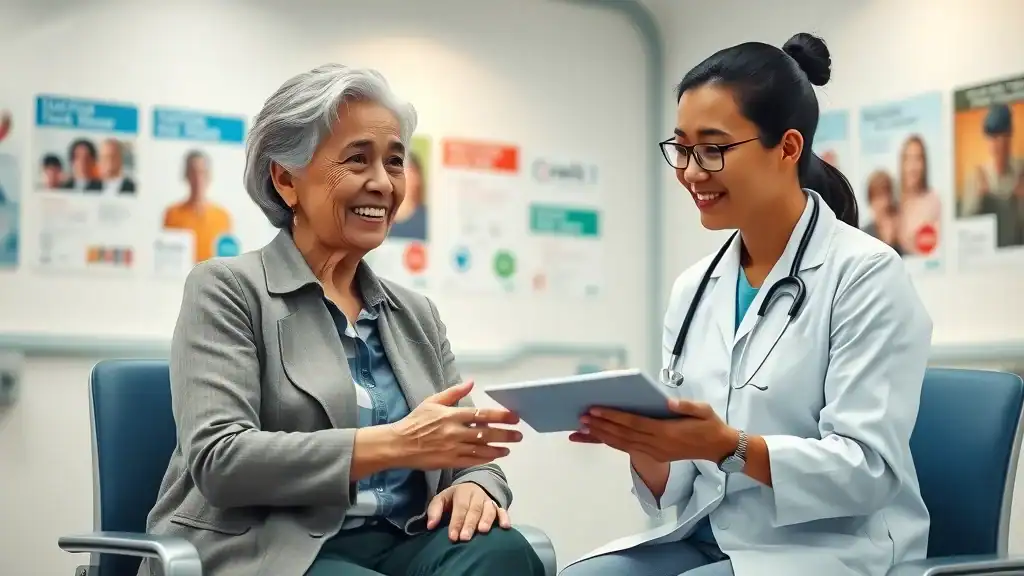 Confident mature woman consulting doctor about travel vaccinations, southeast asia travel tips, modern clinic, healthcare professional