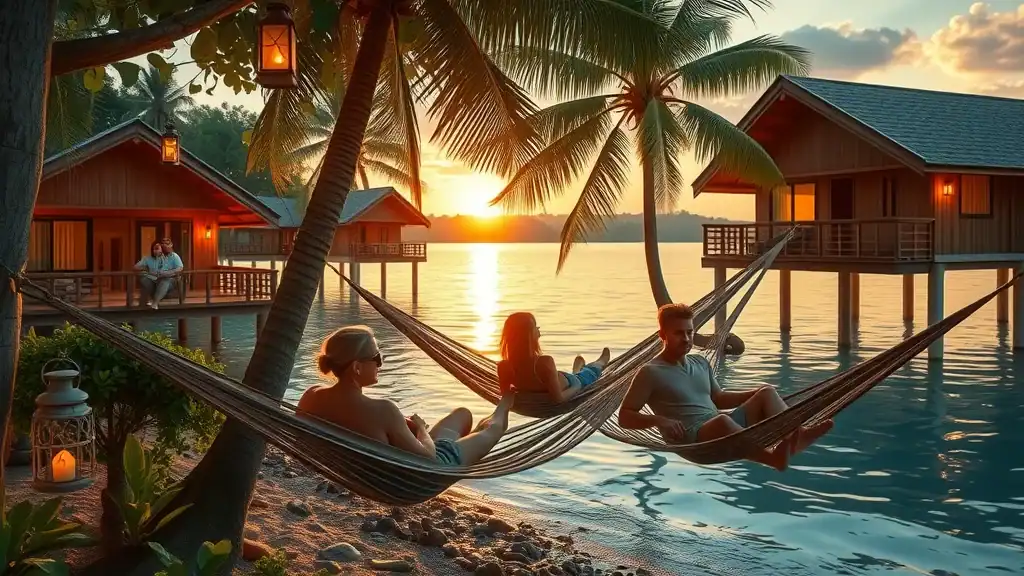 Cozy eco-friendly island resort at sunset — travelers relaxing on hammocks near water's edge glowing lanterns wooden bungalows golden tones 35mm lens