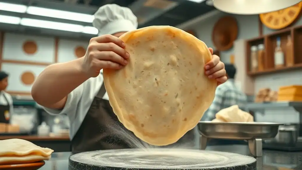 Chef flipping Roti Canai in preparation for Malaysian food and cuisine in traditional eatery