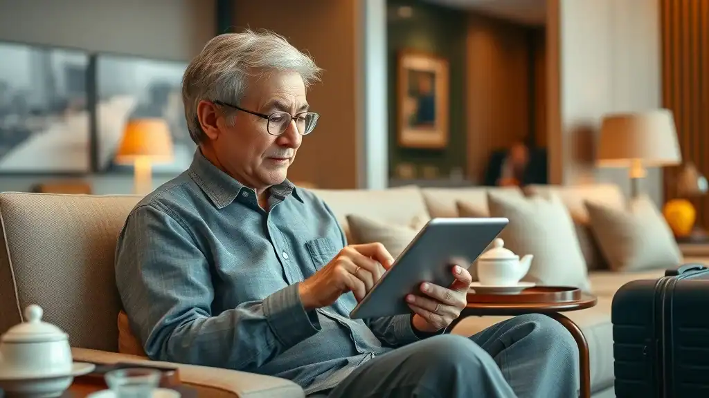 Resourceful mature traveler booking flights and hotels online, southeast asia travel tips, hotel lounge, using tablet