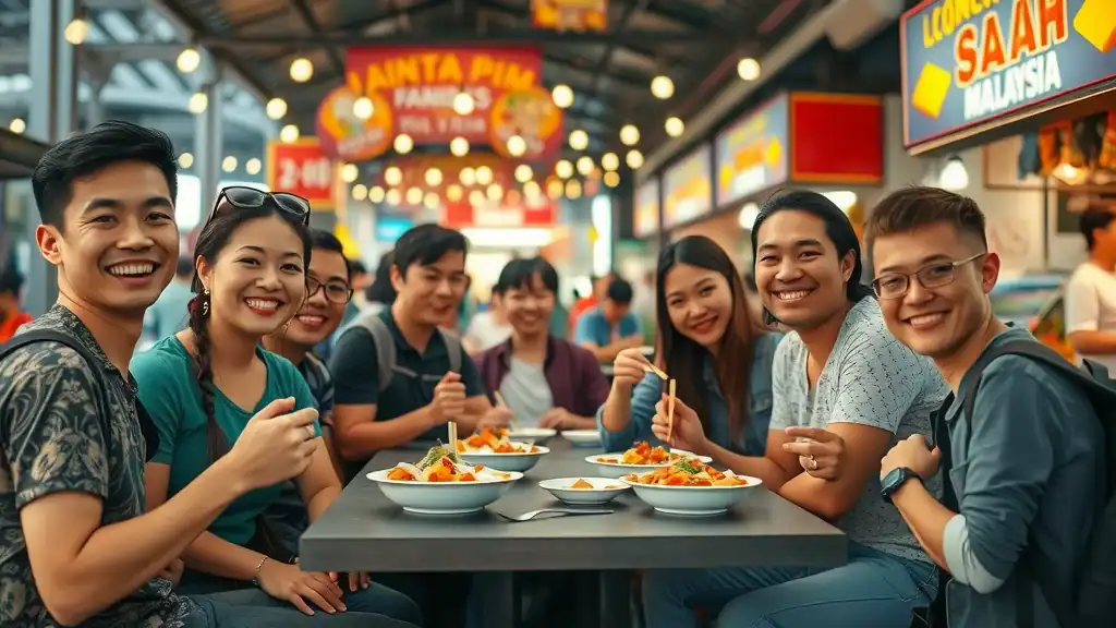 Joyful group of budget travelers eating together in a Kuala Lumpur food court, representing affordable malaysia travel and local dining experiences.