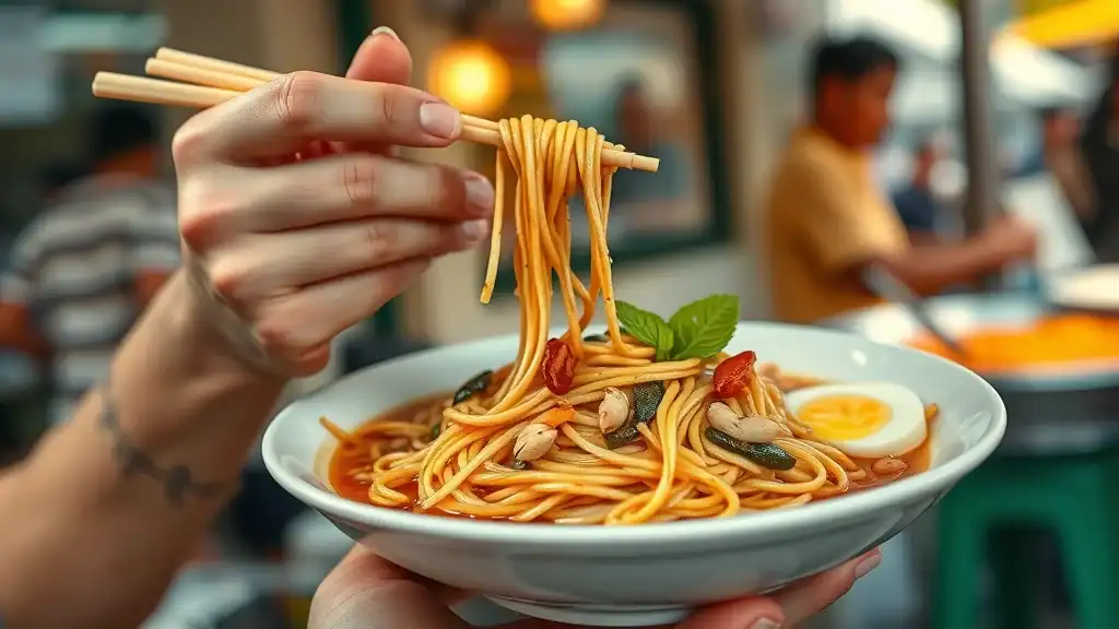Appetizing Pad Thai at Bangkok street stall, noodles, lime, peanuts, and egg - pad thai quintessential thai dish