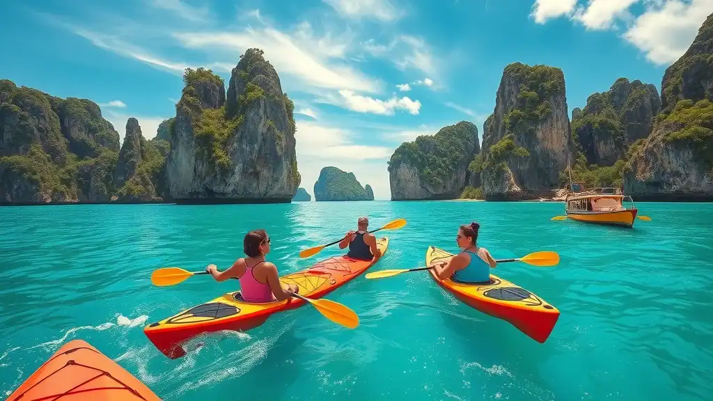 Breathtaking Andaman Sea view, adventurers kayaking between limestone cliffs and emerald waters, dreamlike Thailand must-see attractions