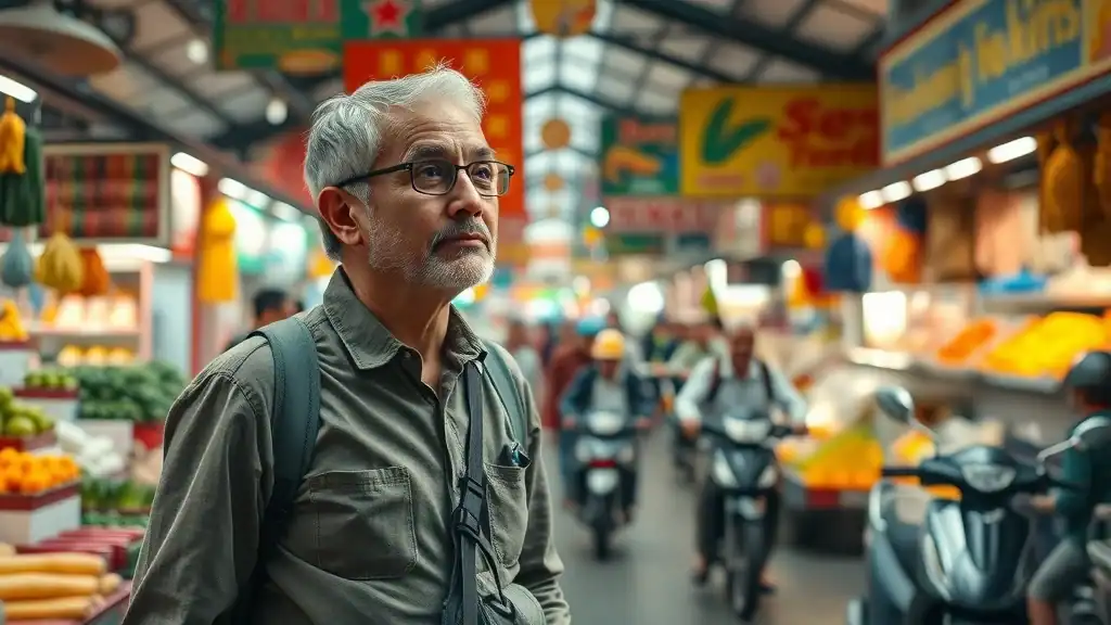 Observant traveler navigating vibrant Southeast Asian market stalls amid colorful produce, keeping vigilant for travel safety in southeast asia