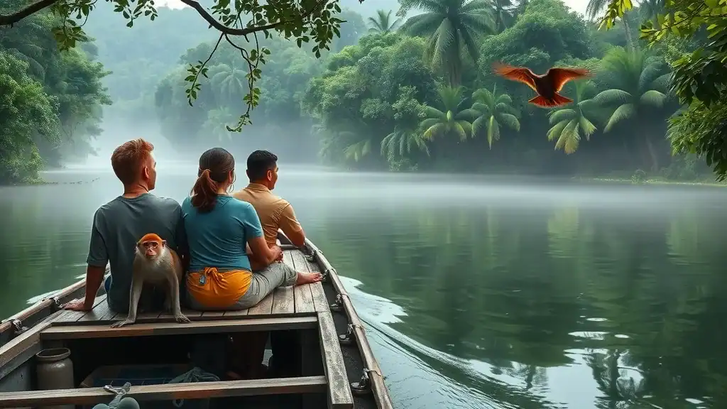 Serene Kinabatangan River, travelers on boat observing proboscis monkeys along lush jungle riverbanks, highly realistic water and wildlife detail.