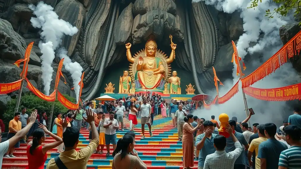 Spectacular Batu Caves festival—worshippers ascending colorful steps, festive rituals amid limestone cave entrance with religious statues, photorealistic, vivid jewel tones under natural light