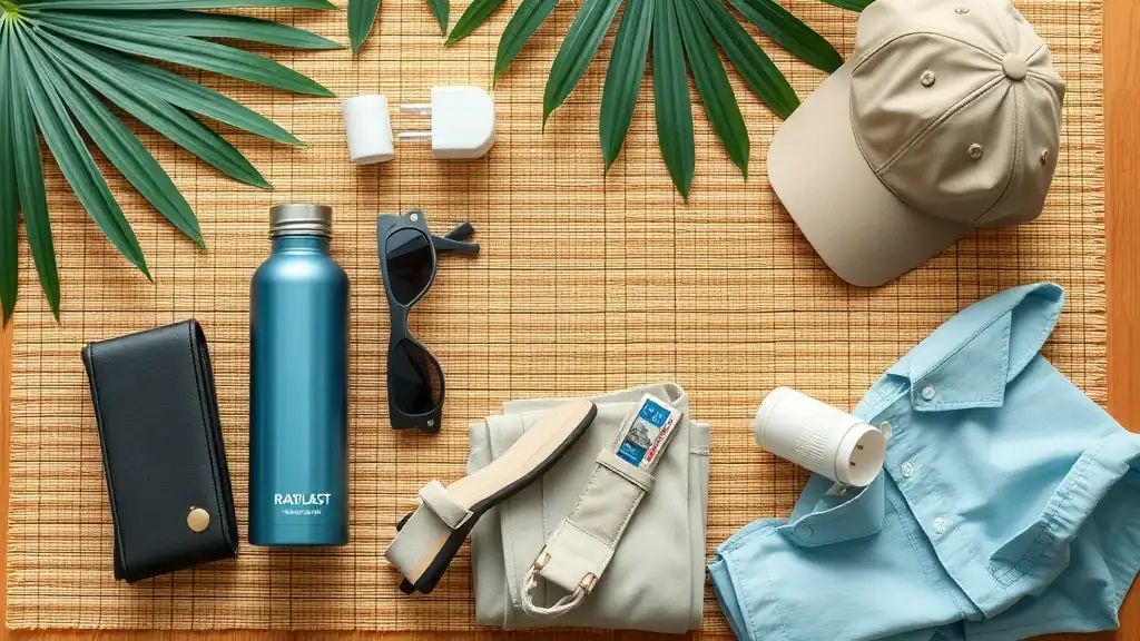 Thailand travel packing list essentials: insect repellent, reusable water bottle, sunglasses, lightweight clothes, travel adapter on a bamboo mat background