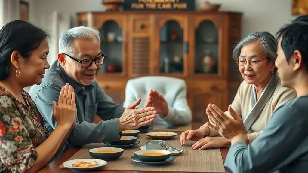 Respectful multi-generational Southeast Asian family gathering showing deference, southeast asia cultural etiquette