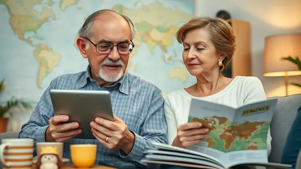 Retiree couple budgeting for travel — reviewing visa costs and planning southeast asia adventure