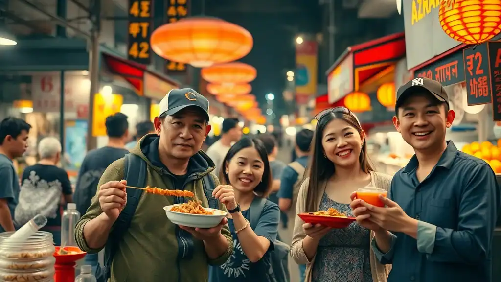 Bustling Southeast Asian night market scene with mature and young travelers sampling street food, holding skewers and bowls, brightly lit vendor stalls, dynamic bustle, steam rising, vibrant colors.