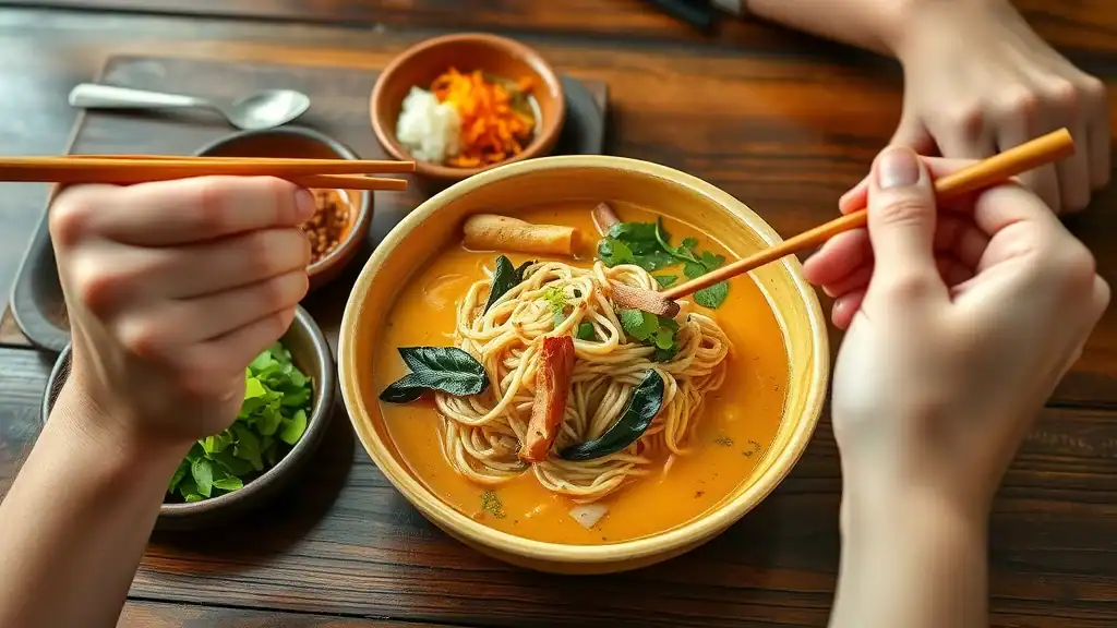 Golden bowl of khao soi with crispy noodles, traditional Chiang Mai specialty from northern thai cuisine