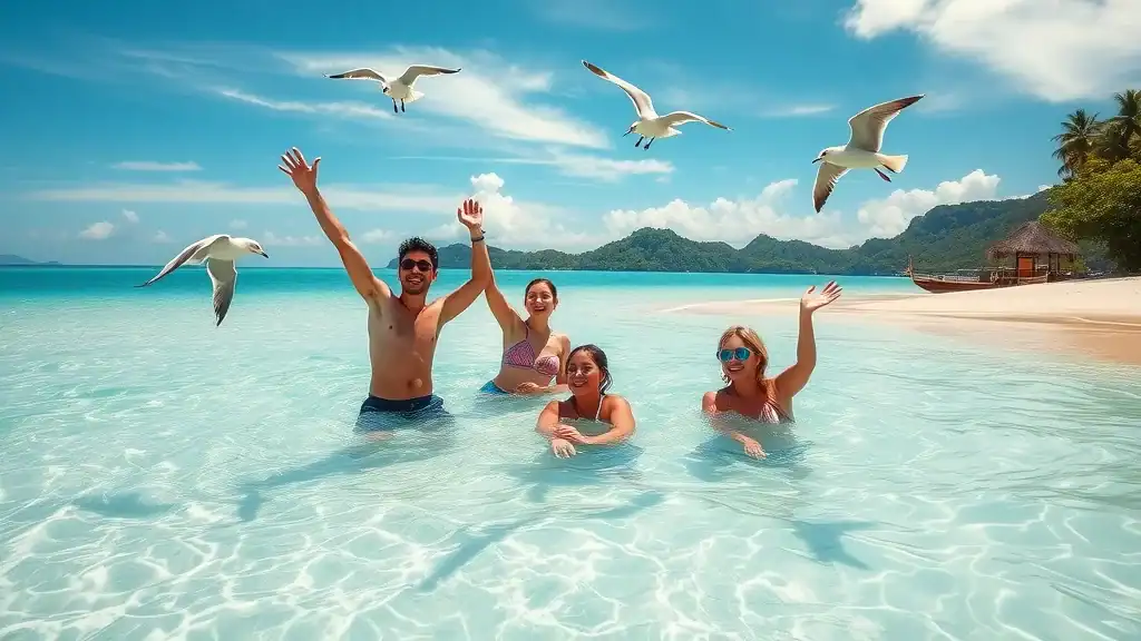 Pristine island beach near Kota Kinabalu with friends preparing for snorkeling, turquoise waters, sandy shores, green islands, and tropical sunlight