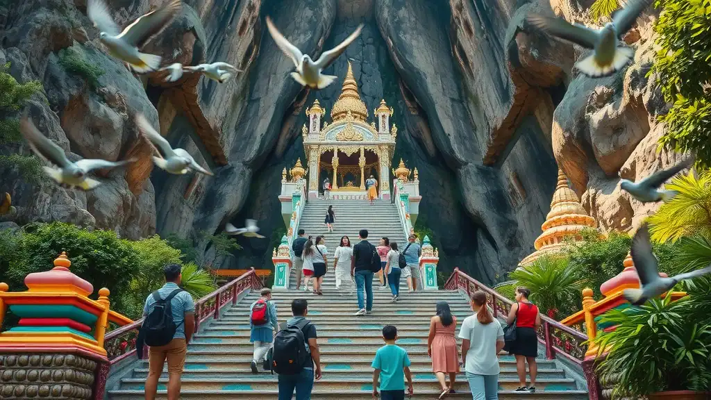 Batu Caves Malaysia cultural experience - awe-struck visitors at colorful temple stairs