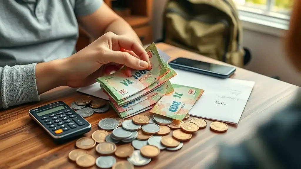 Colorful Thai Baht bills and coins on a traveler’s desk with notepad and phone, offering practical budgeting tips for Thailand travel.