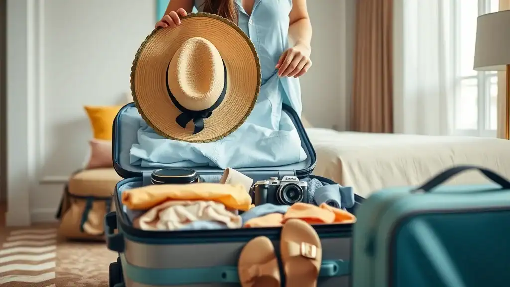 Thoughtful packing scene for Thailand trip — traveler arranging light clothing sunhat camera in suitcase open luggage travel gadgets sandals modern hotel room 50mm lens