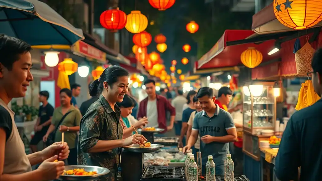 Lively Malaysian night market—food vendors, artisans, batik-making, lantern glow, street food and fabric textures, high realism under warm street lighting