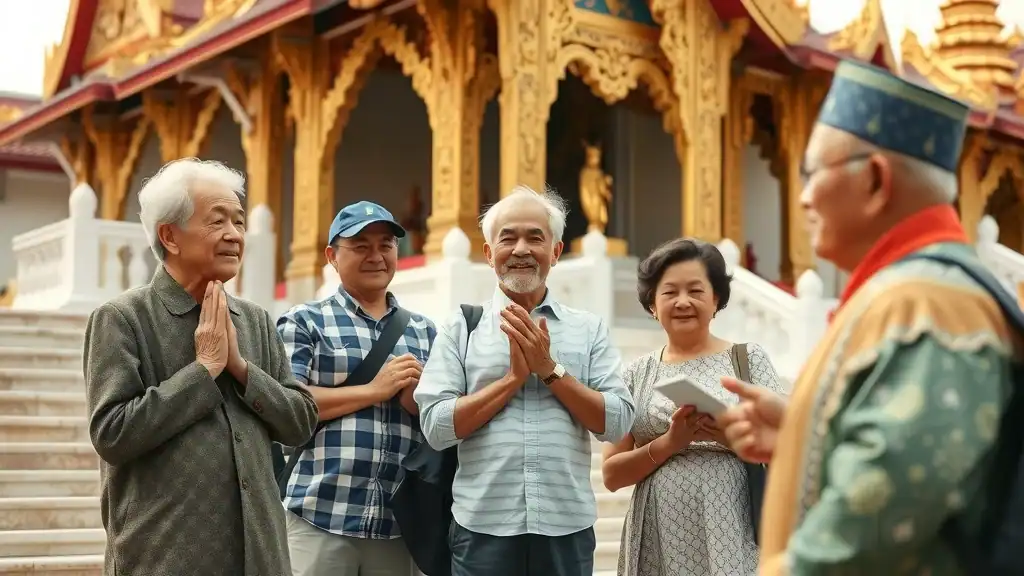 Respectful senior travelers learning temple etiquette, southeast asia travel tips, local guide, grand temple, traditional attire