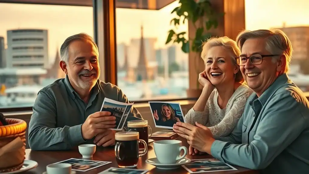 Thailand travel planning: Older travelers relaxing in a cozy cafe, reflecting on a successful Thai adventure with photos and souvenirs