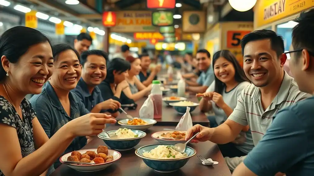 Malaysia cultural experience - diners enjoying nasi lemak and satay at a busy hawker center