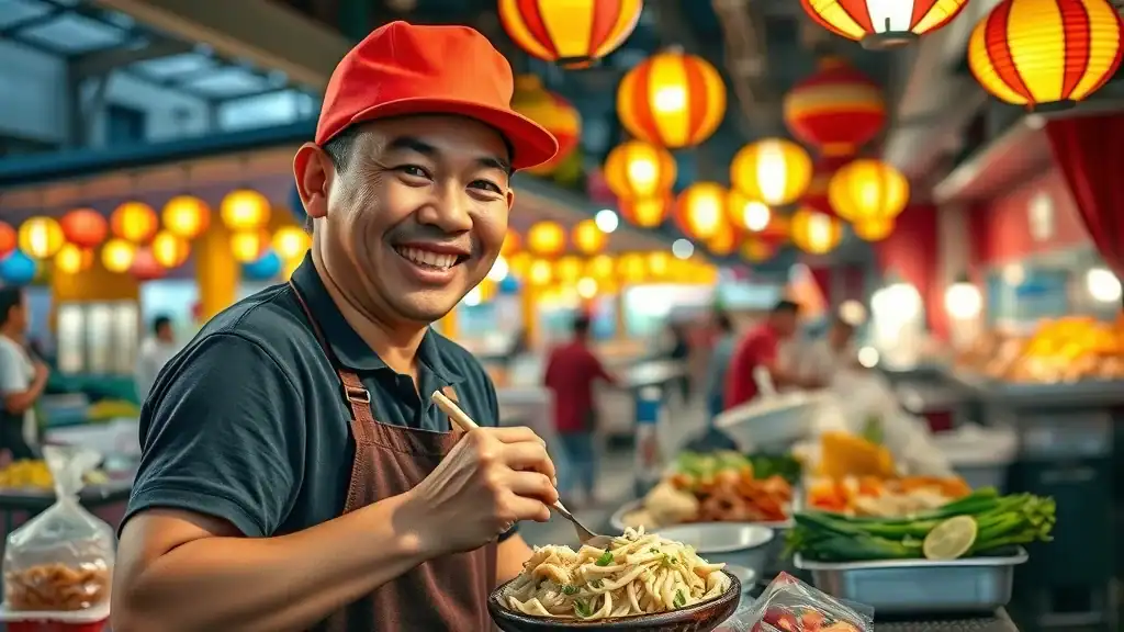 Colorful Thai street food stall with smiling vendor preparing pad thai at busy night market. Street food and thailand travel tips.
