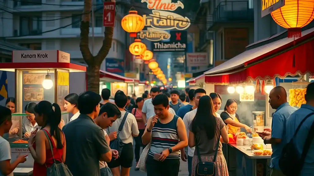 Busy Thai street at twilight, locals and travelers sampling food, vendors selling moo ping and kanom krok, vibrant atmosphere - thailand street food