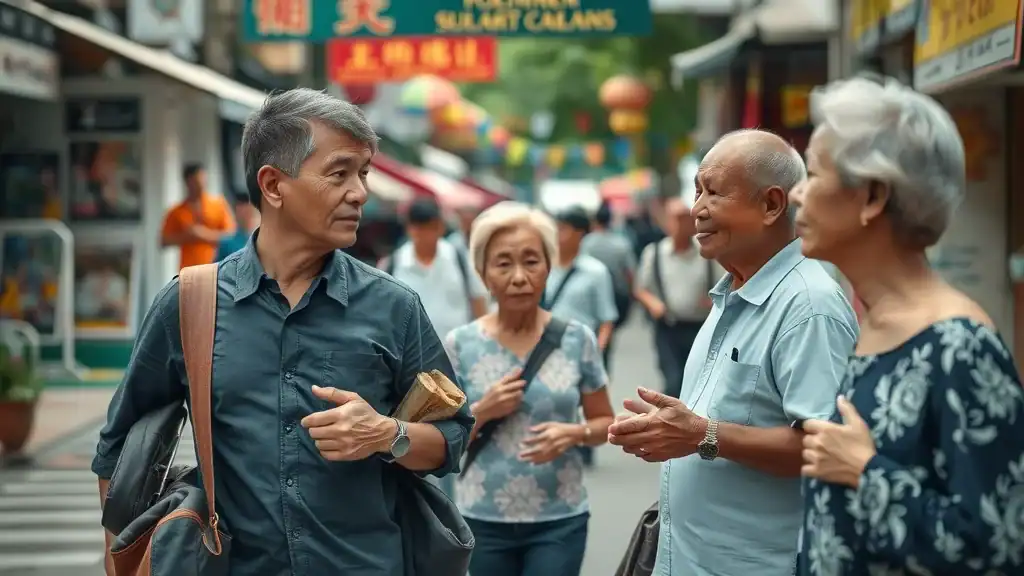 Serene Southeast Asian street scene, respectful eye contact, travelers and locals, southeast asian culture etiquette