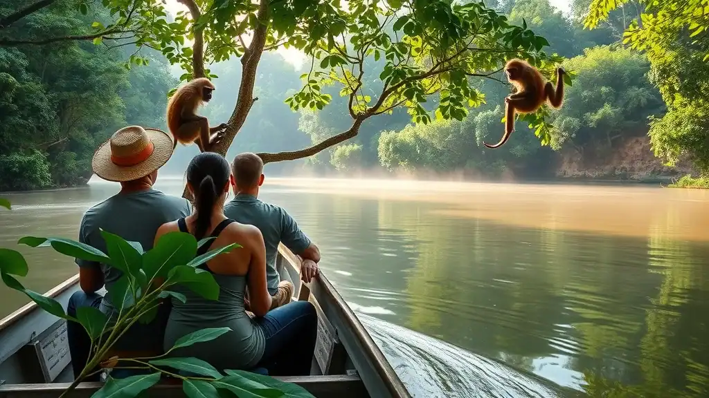 Lush Kinabatangan River during a cruise with travelers spotting wildlife, dense Borneo rainforest, proboscis monkeys, and atmospheric mist, photorealistic