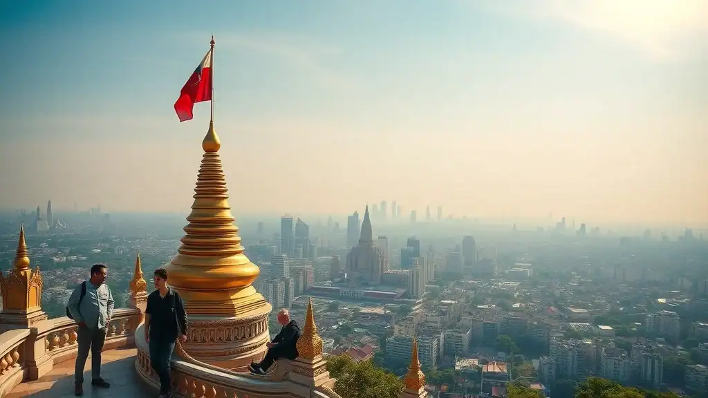 Panoramic view atop Wat Saket’s Golden Mount, visitors enjoying skyline and prayer bells — wat saket golden mount bangkok temples