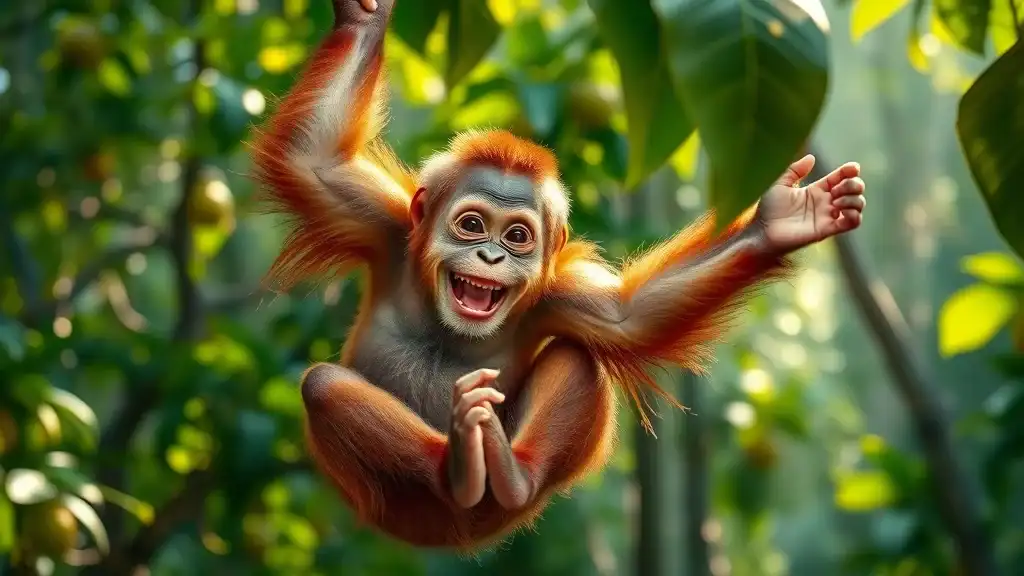Playful young orangutan swinging between rainforest trees in Sepilok, joyful expression, deep green jungle with sunlight shafts and warm color palette.