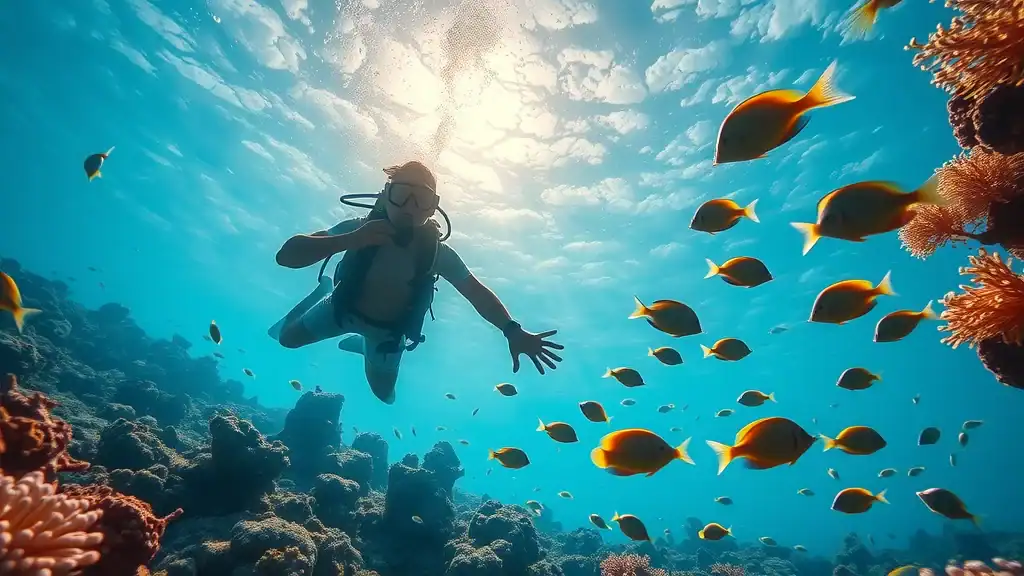 Scuba diver exploring coral reef in Kota Kinabalu, a must-do activity on Malaysia adventure travel tours